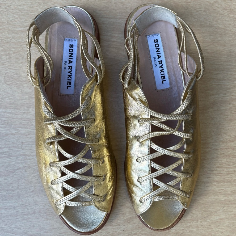 Sonia Rykiel Paris Open Toe Sandal Flats In Gold Sz 39 EU/ 8.5 US - Picture 8 of 13